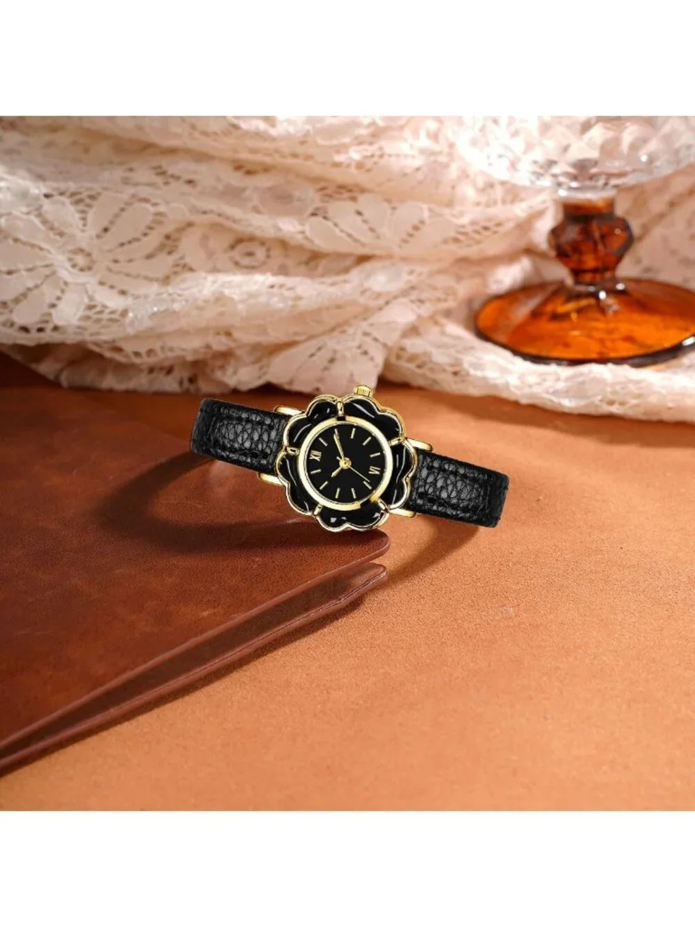 Women's Black Leather Strap Elegant Floral-Shaped Creative Small Wrist Watch_3